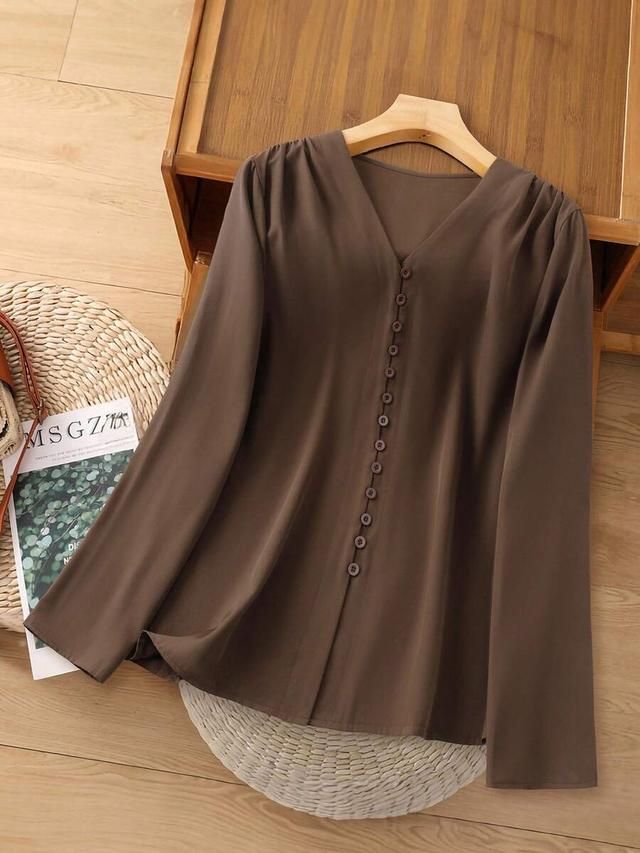 rusticease brown v-neck long sleeve button-down casual shirt