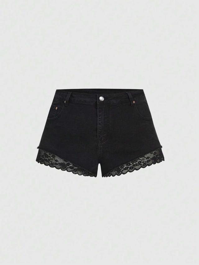 black denim shorts with scalloped lace trim