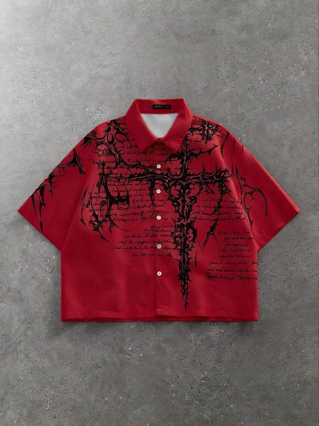 red short sleeve button down with graphic print