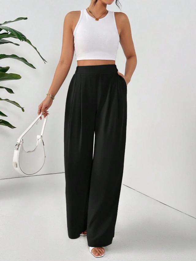 black wide leg elastic waist dress trousers