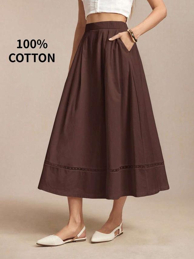 brown cotton midi skirt with lace trim