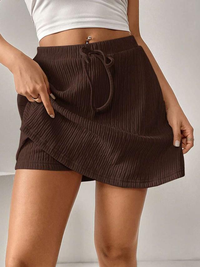 brown pleated casual skort with elastic drawstring waist