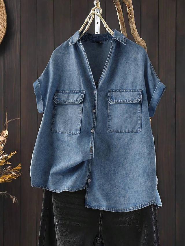 blue denim short sleeve button up shirt