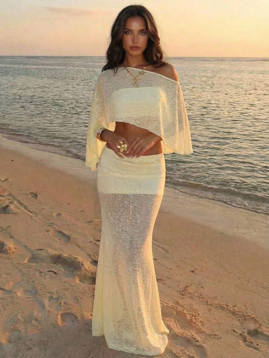 asymmetric shoulder sheer knit beach cover-up set