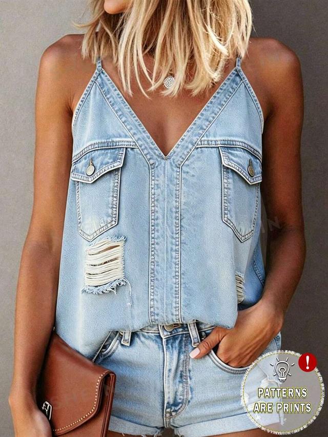 light wash denim camisole top with chest pockets