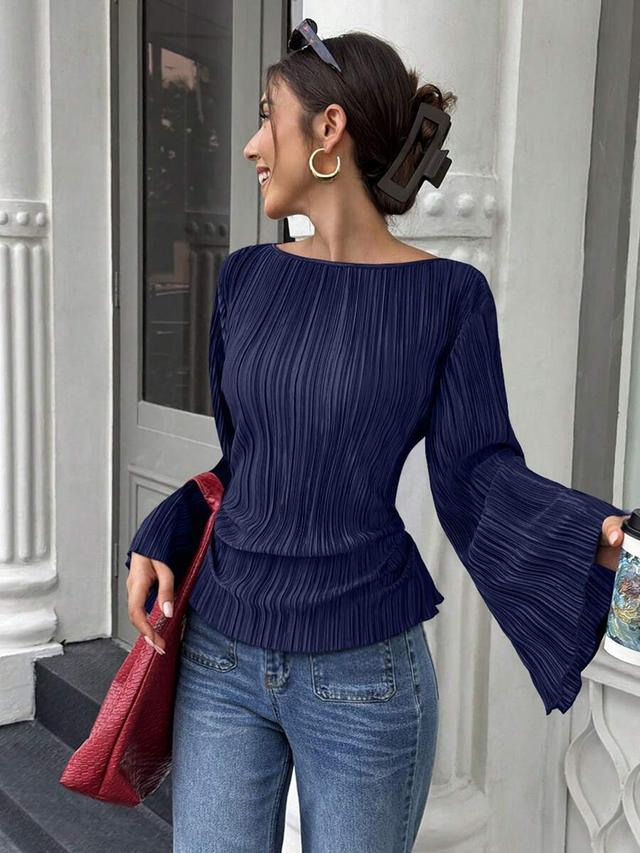 navy blue pleated round neck flare sleeve blouse