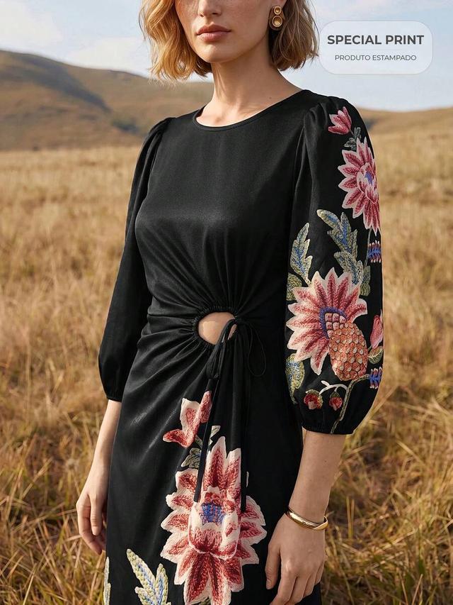 cajuni tropical vacation boho floral embroidered cutout midi dress