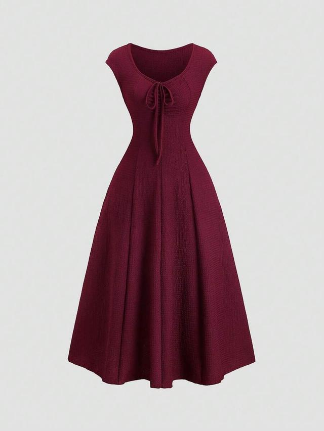 burgundy solid color cinching waist fitted knit dress