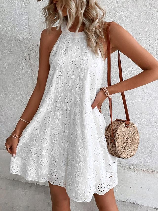 white eyelet embroidery halter neck tunic dress
