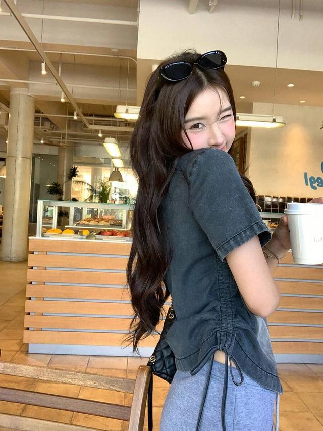 washed distressed denim short sleeve button up top
