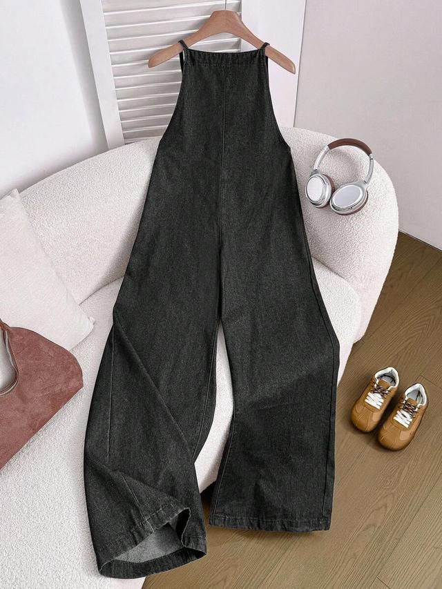 charcoal grey denim wide-leg dungaree jumpsuit