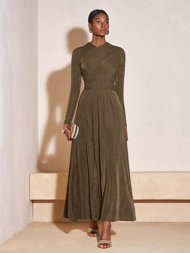 olive green crossover neck long sleeve a-line dress