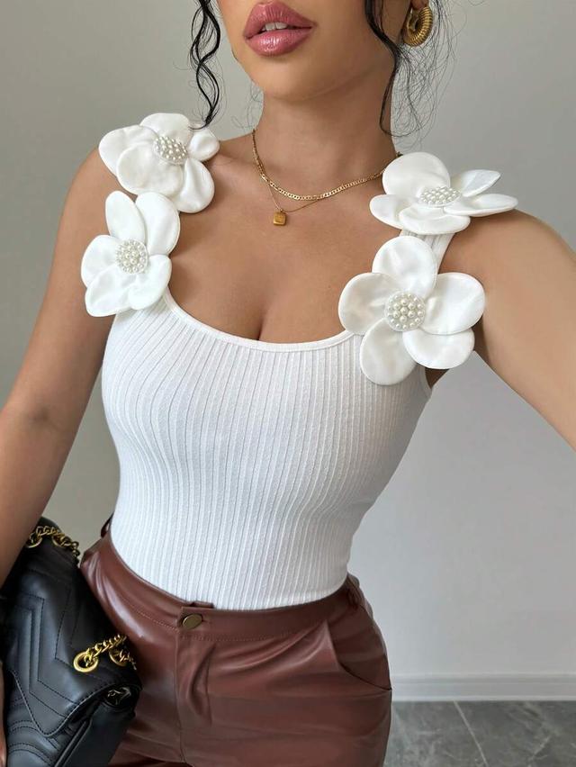 white square neck ribbed tank with floral applique