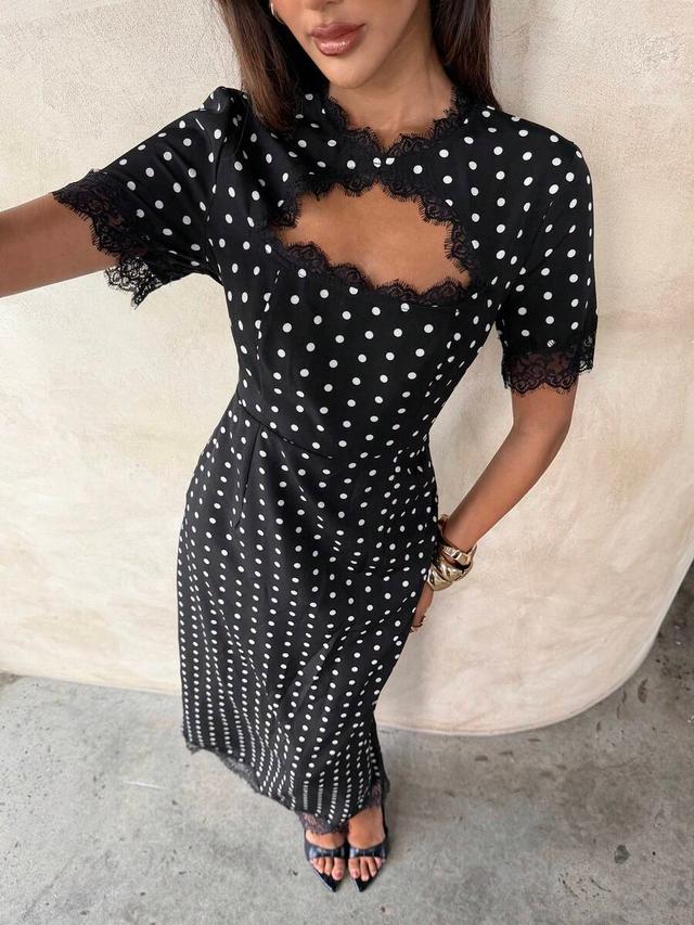 minimalist elegant polka dot lace cut-out midi dress