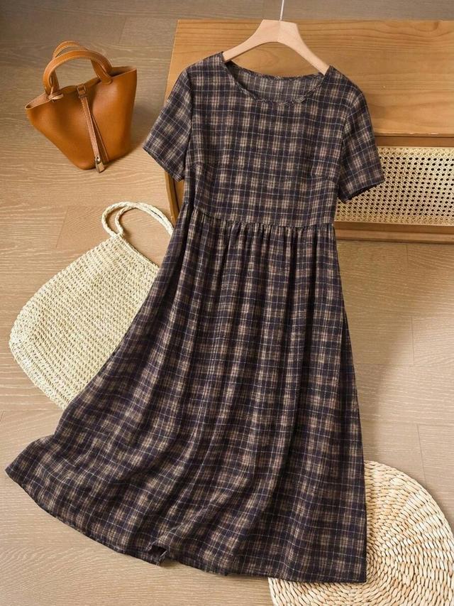 rusticease brown plaid short sleeve midi dress