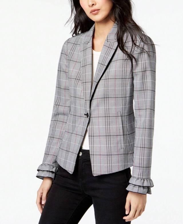 plaid fitted one button jacket with ruffled cuffs