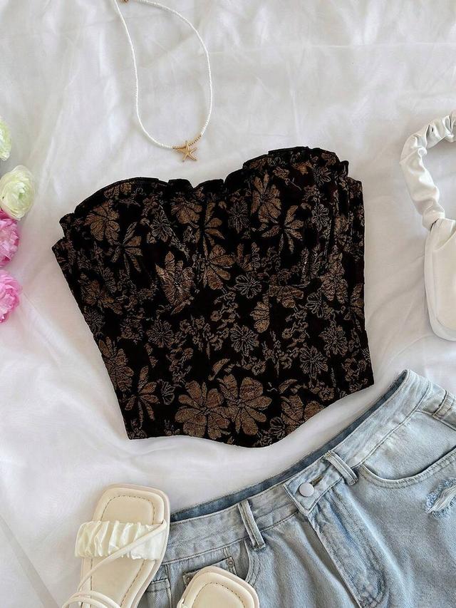 black floral jacquard bandeau ruffle trim fitted top