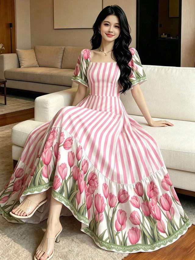 pink striped tulip floral print ruffle hem midi dress