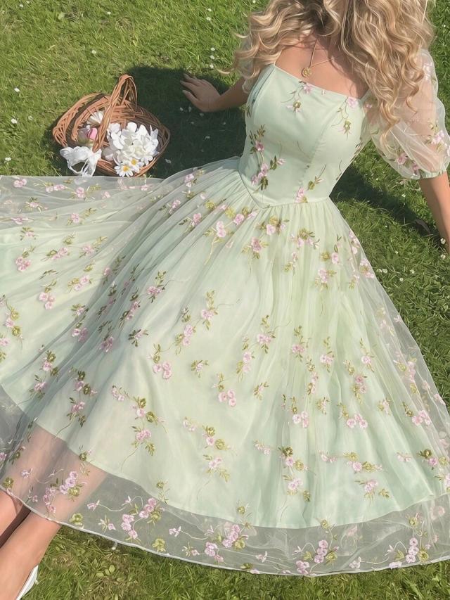 vintage pale green floral embroidered mesh midi dress