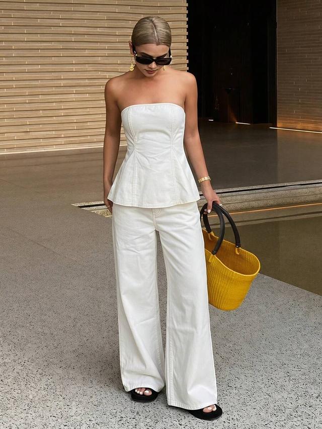 white denim strapless bustier top with cinched waist