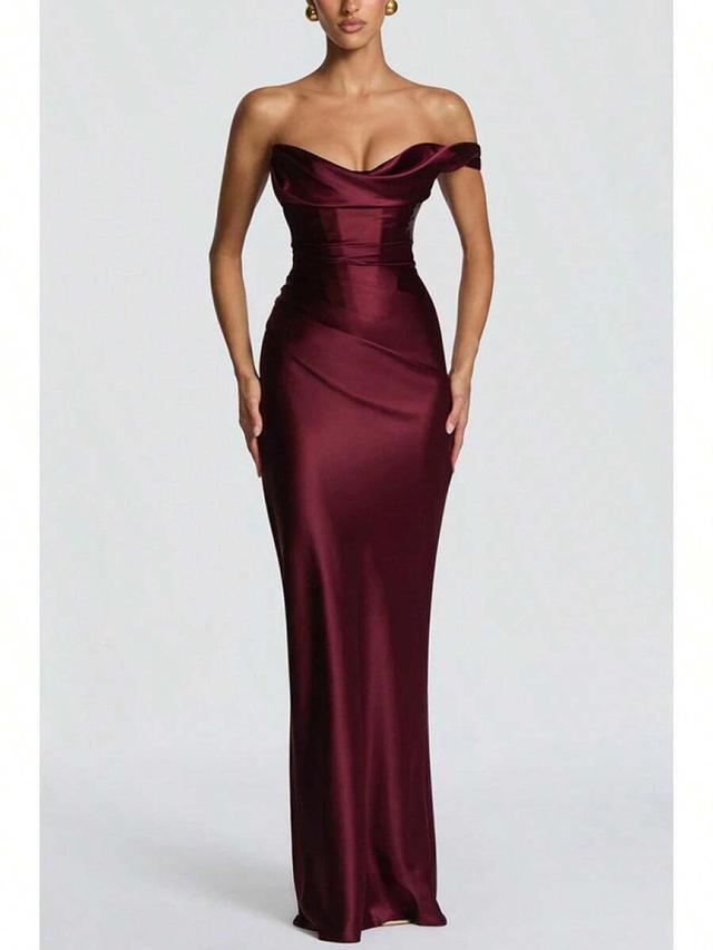 burgundy off-shoulder cowl neck satin evening gown