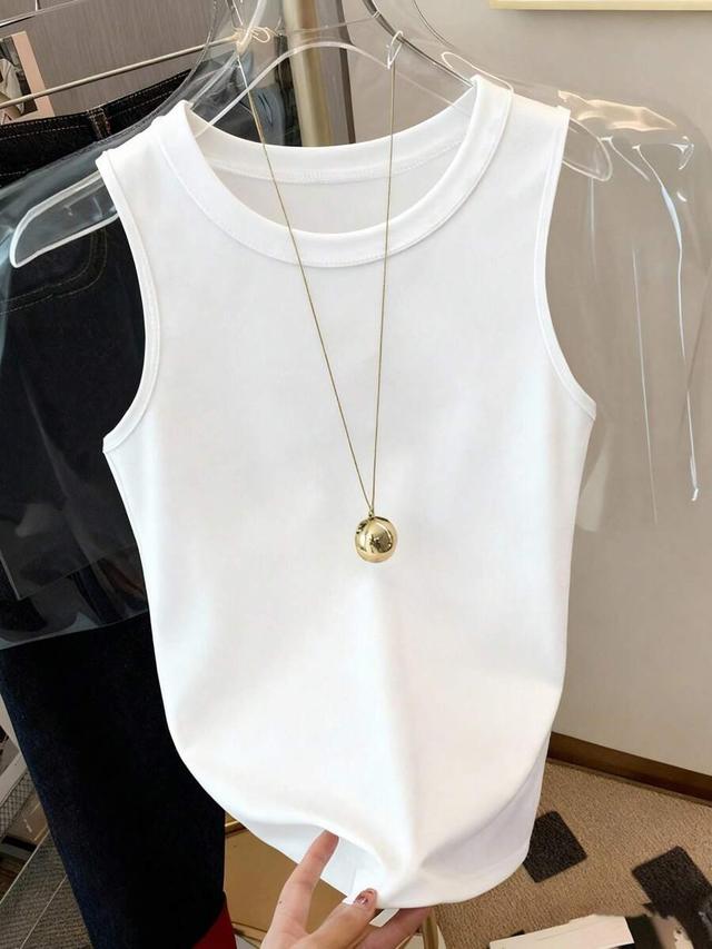 casual solid white round neck tank top