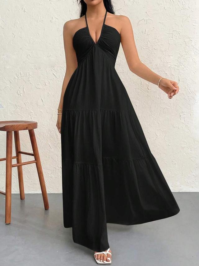 black halter neck tiered maxi dress