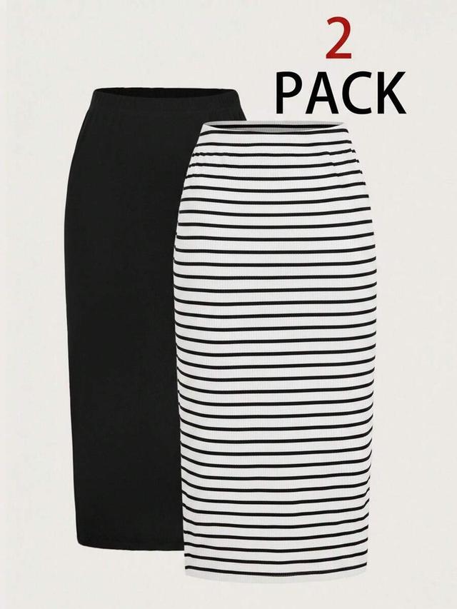 black casual striped and solid color midi skirt set
