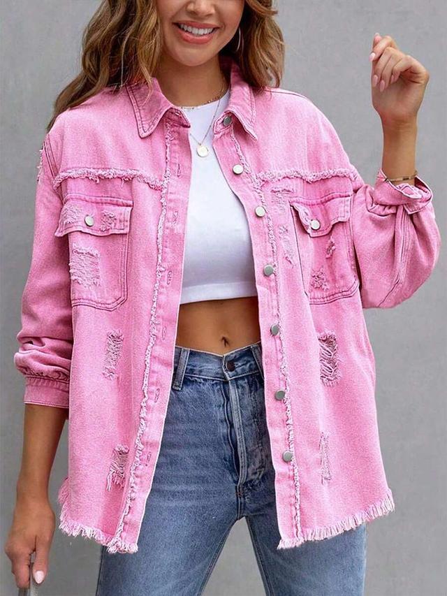 pink distressed denim button-up jacket