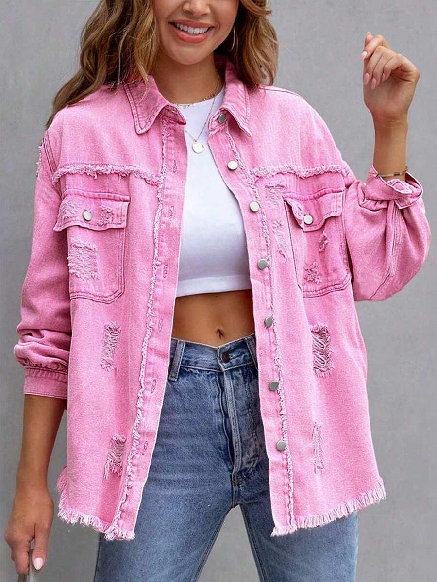 pink distressed denim button-up jacket