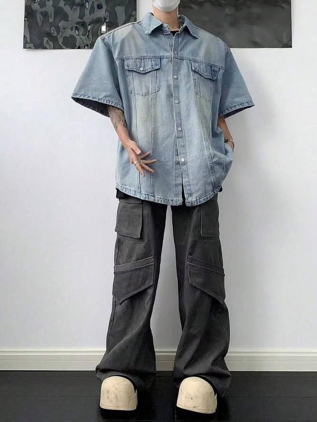 light wash denim short-sleeved casual shirt