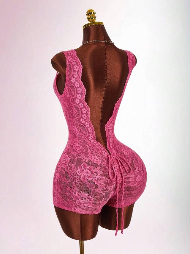 pink floral lace backless romper