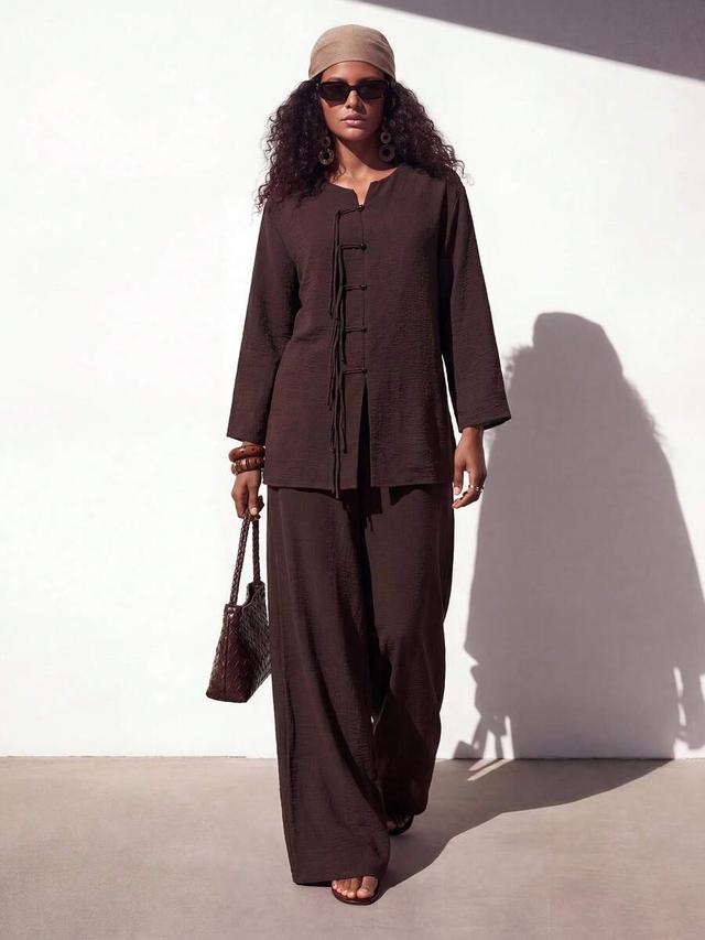 dark brown textured linen frog button kimono style shirt