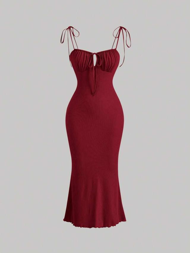 burgundy tie front ruched bust cami dress