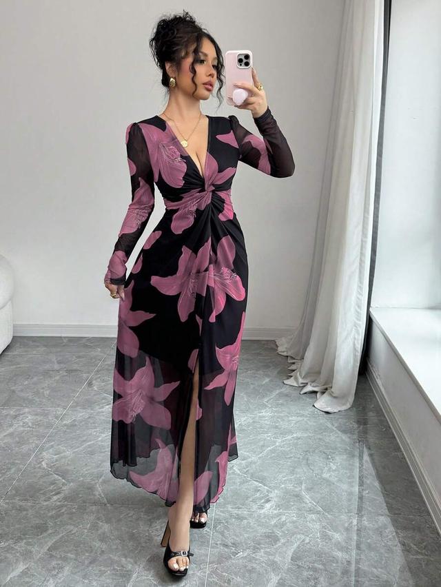 floral print mesh twist front v-neck bodycon dress