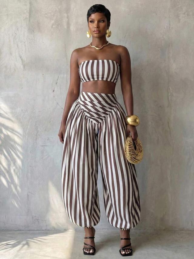 brown striped pattern cropped tube top and jogger pants