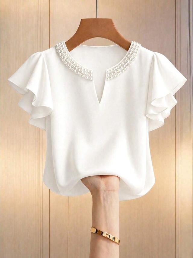 white casual faux pearl decorated flutter sleeve blouse