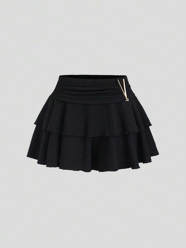 sweetra black textured tiered mini skort with metal decor