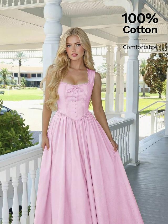 light pink cotton square collar button trim dress
