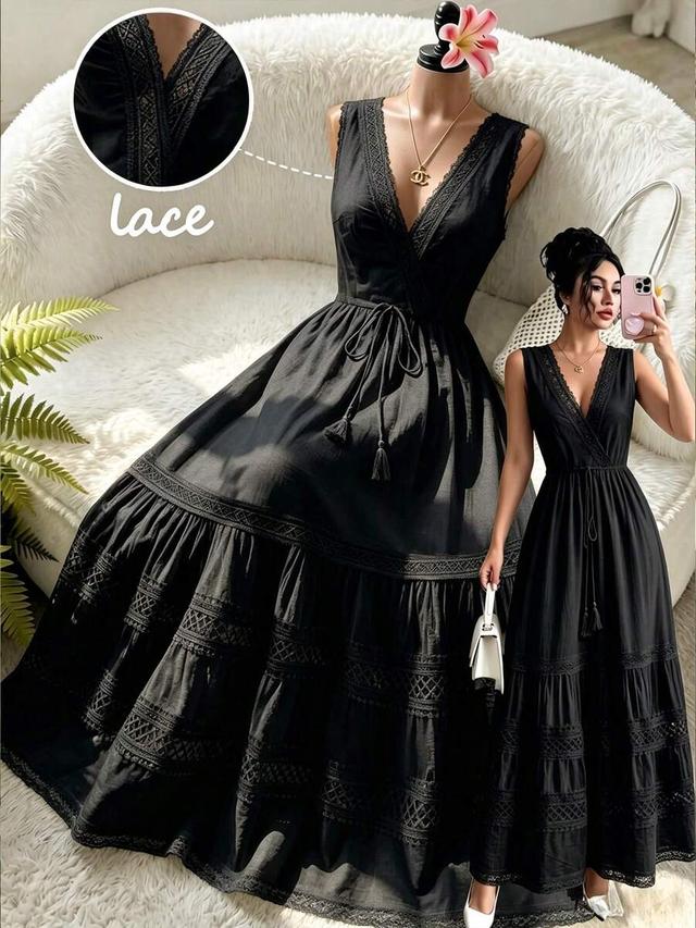 black sleeveless v-neck lace waist-cinching long dress