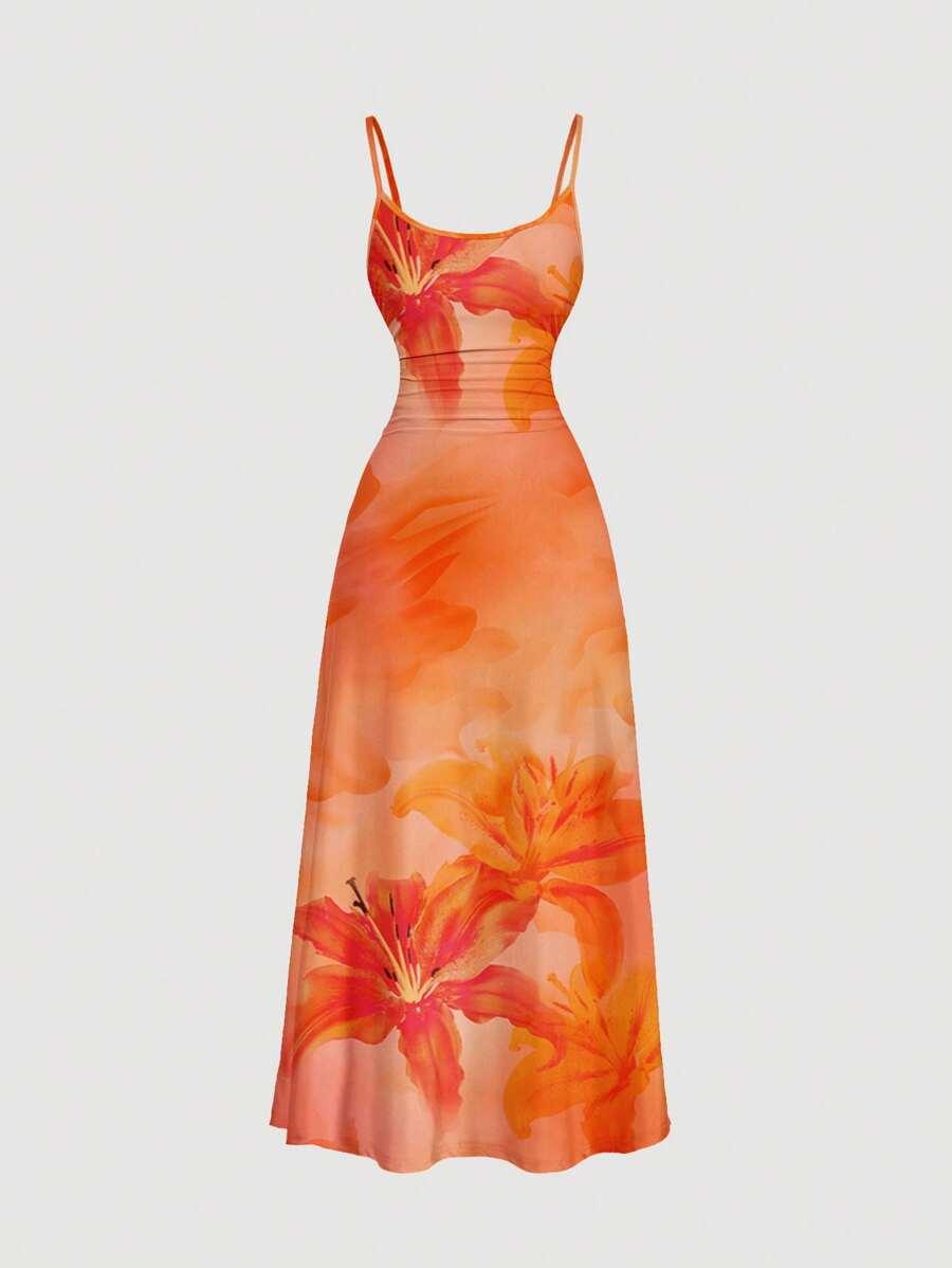 orange lily gradient print ruched waist flared dress