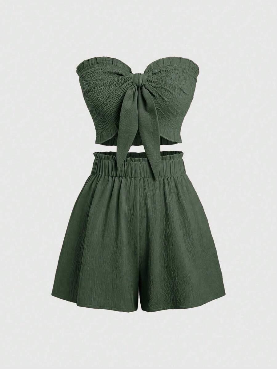 olive green smocked tube top and slim fit shorts set
