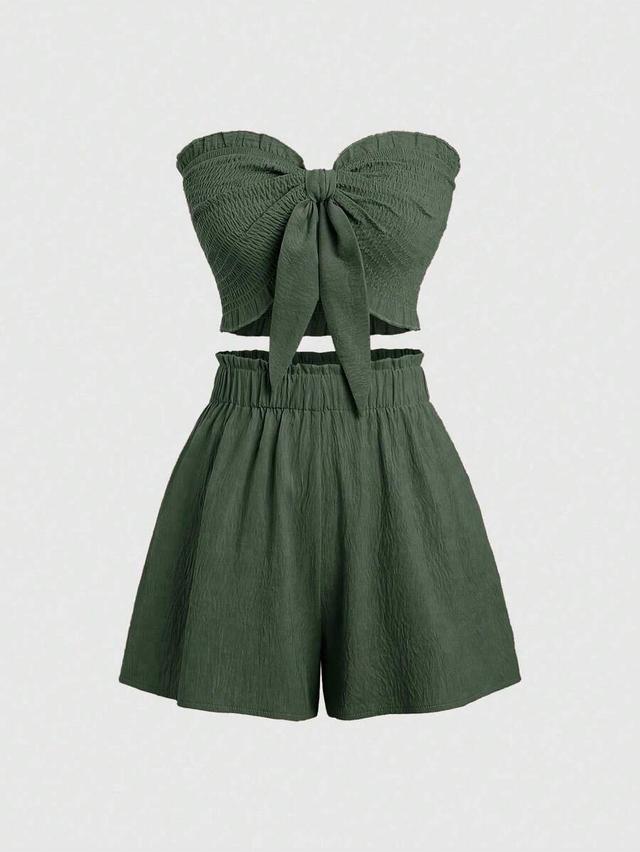 olive green smocked tube top and slim fit shorts set