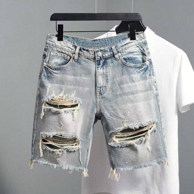 men's light blue washed distressed denim shorts