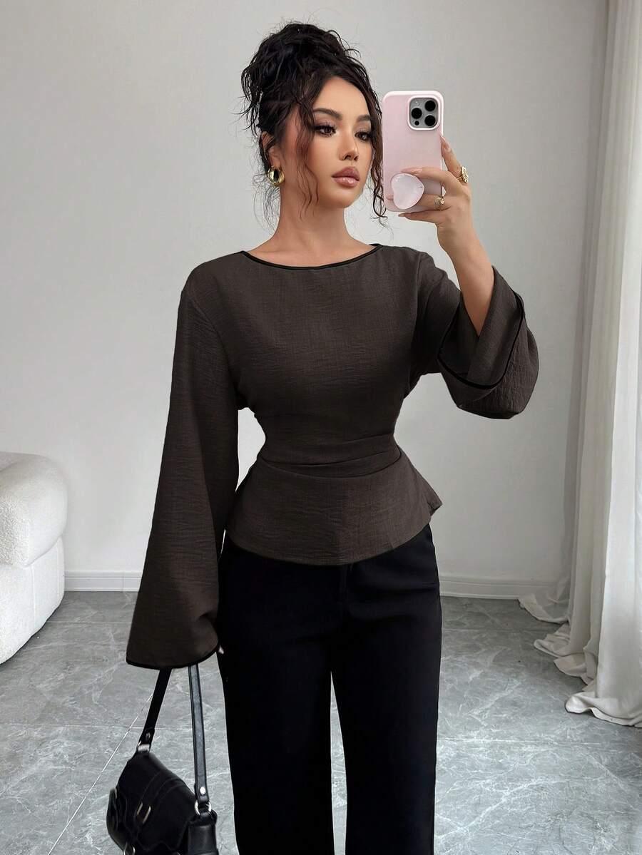 dark brown long sleeve back tie waist blouse