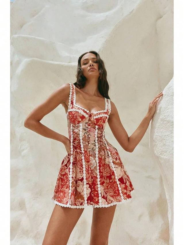 floral print corset mini dress with lace trim