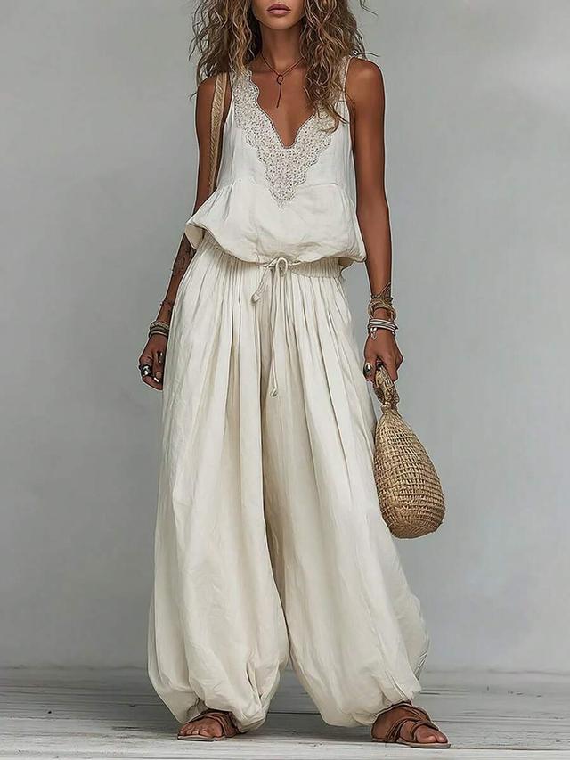 beige elastic waist loose wide leg lantern pants