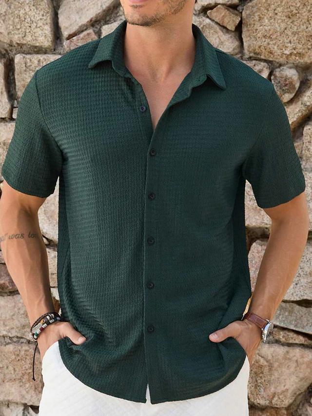 dark green textured short sleeve button down shirt