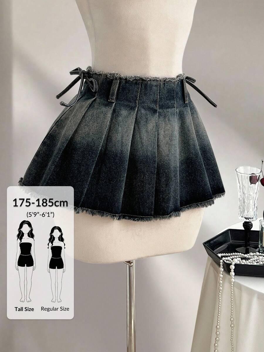 ombre denim pleated mini skirt with raw hem