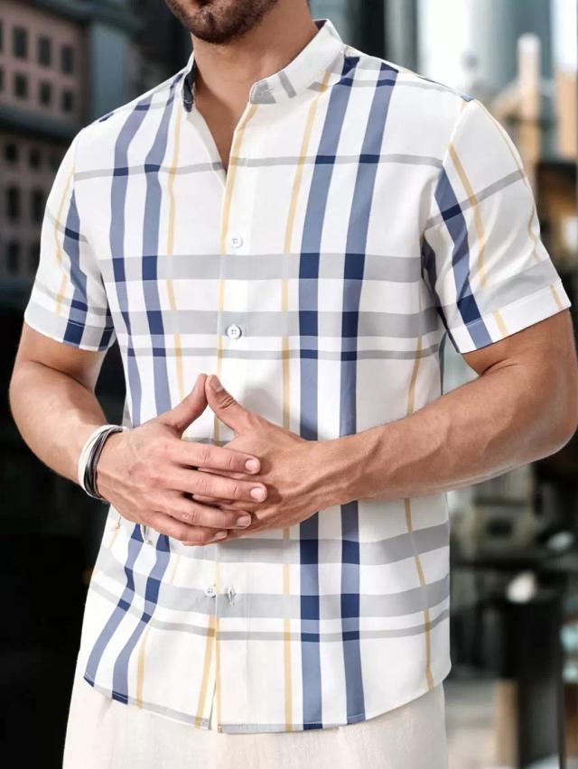 men's blue and white plaid short sleeve shirt